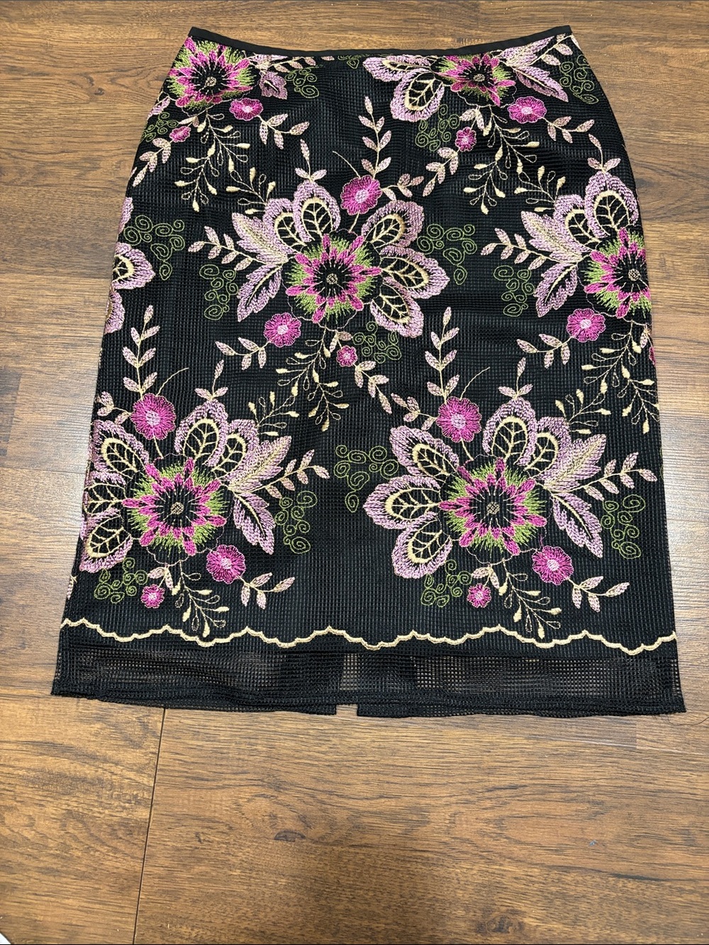 Tahari Black Pencil Skirt with Pink and Green Floral Embroidery